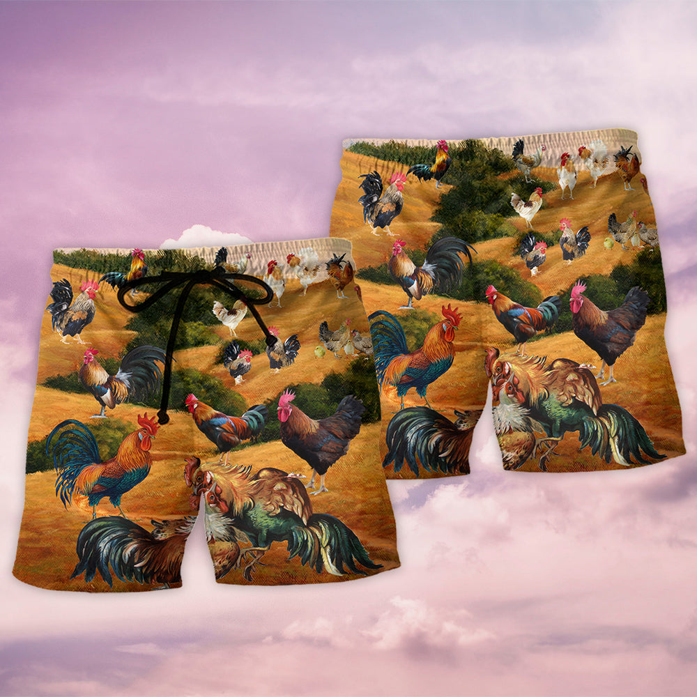 Autumn Rooster Farm Rustic Beach Shorts Artwork Detail For Comfortable Everyday Summer Wear