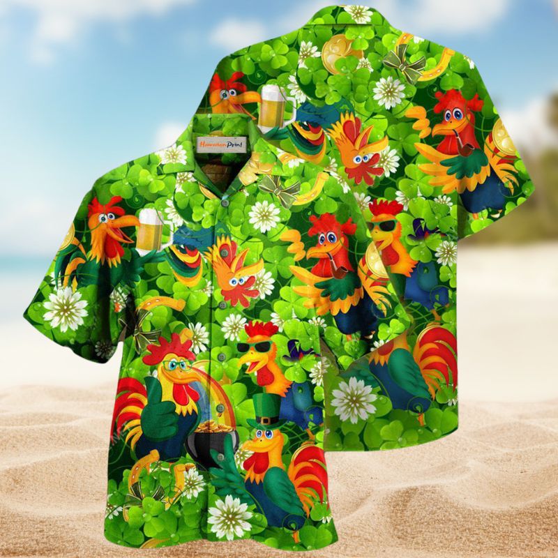 Rooster Luck Shamrock Hawaiian Shirt For Summer Vacation, Beach Travel, And Casual Wear