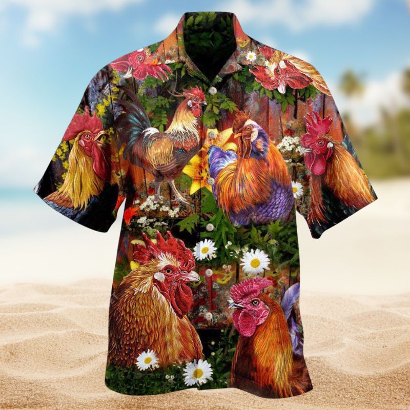 Rooster Rise Shine Hawaiian Shirt For Coastal Travel, Casual Events, And Comfortable Summer Wear