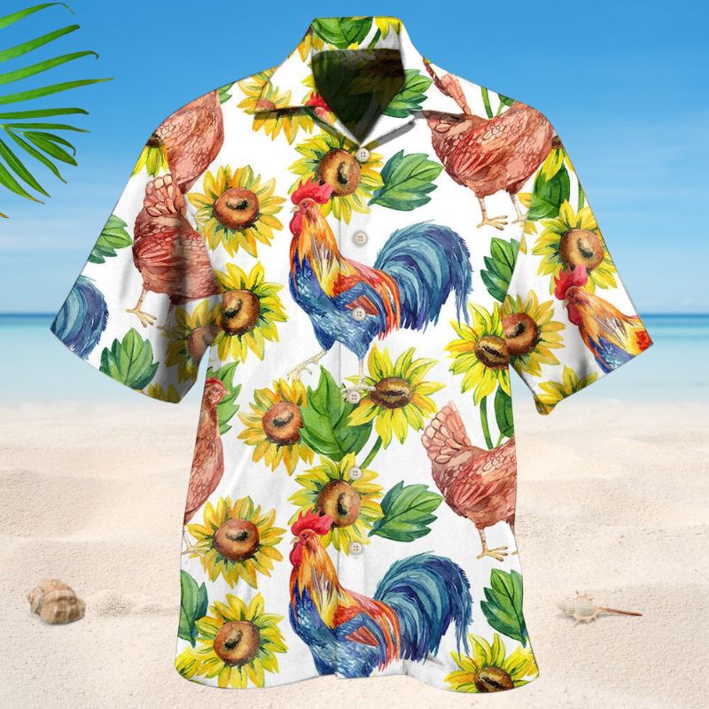 Rooster Hen Sunflower Hawaiian Shirt For Coastal Travel, Casual Events, And Comfortable Summer Wear