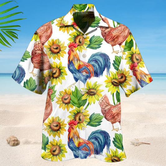 Rooster Hen Sunflower Hawaiian Shirt For Coastal Travel, Casual Events, And Comfortable Summer Wear