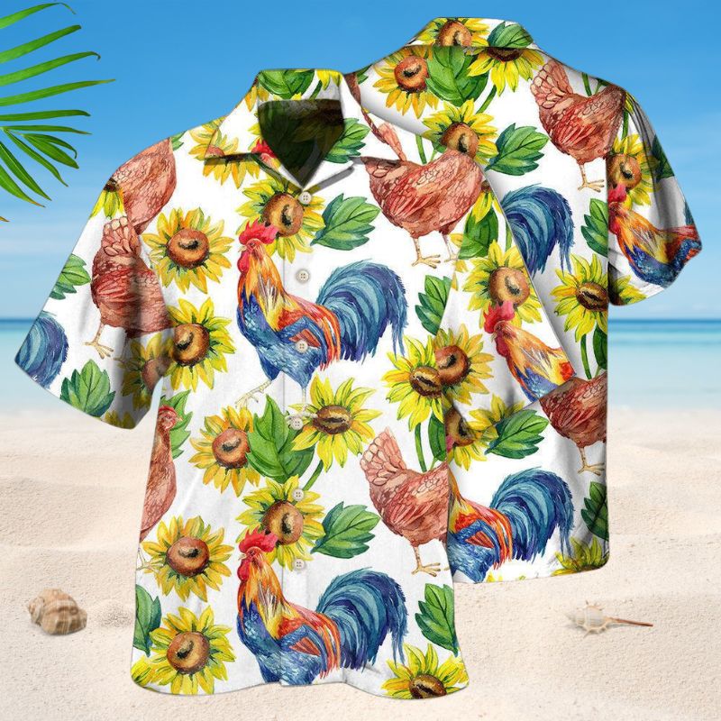 Rooster Hen Sunflower Hawaiian Shirt For Coastal Travel, Casual Events, And Comfortable Summer Wear