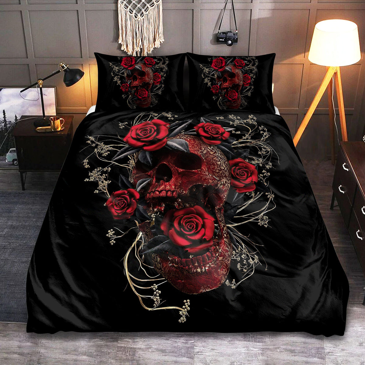 Sugar Skull Rose Flowers Bedding Cover For Gothic Bedroom Decor