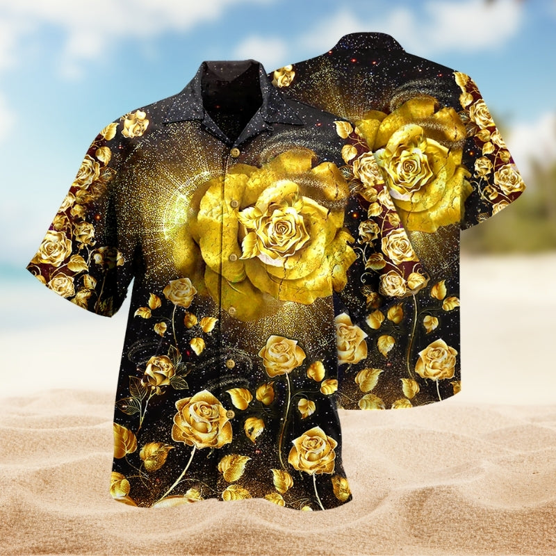 Floral Roses Gold Hawaiian Shirt For Resort Trips, Coastal Parties, And Warm Weather Style