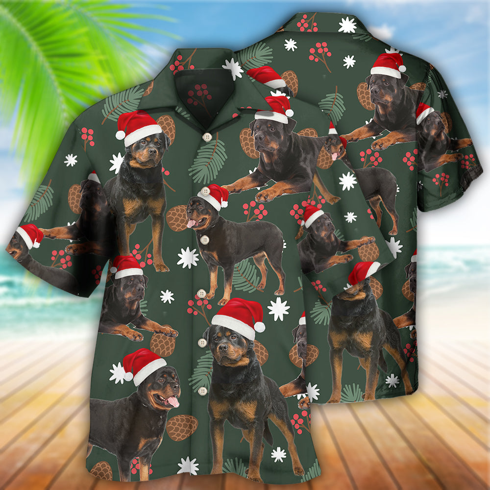 Green Rottweiler Leaf Christmas Hawaiian Shirt Design Detail For Beach Days And Holiday Travel