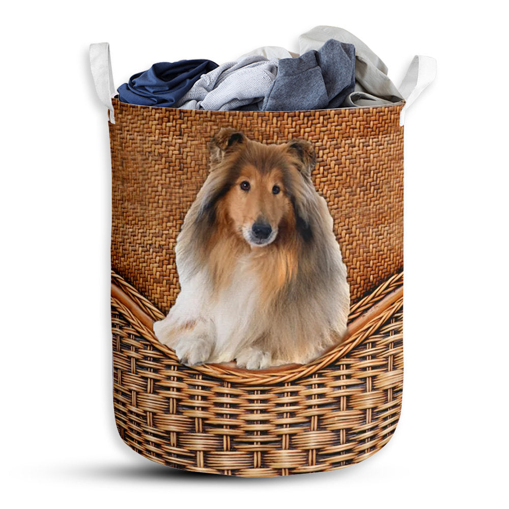 Small Size Rough Collie Dog Rattan Texture Laundry Basket For Bathroom Bedroom Storage