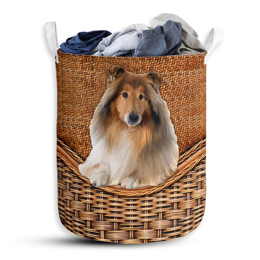 Small Size Rough Collie Dog Rattan Texture Laundry Basket For Bathroom Bedroom Storage