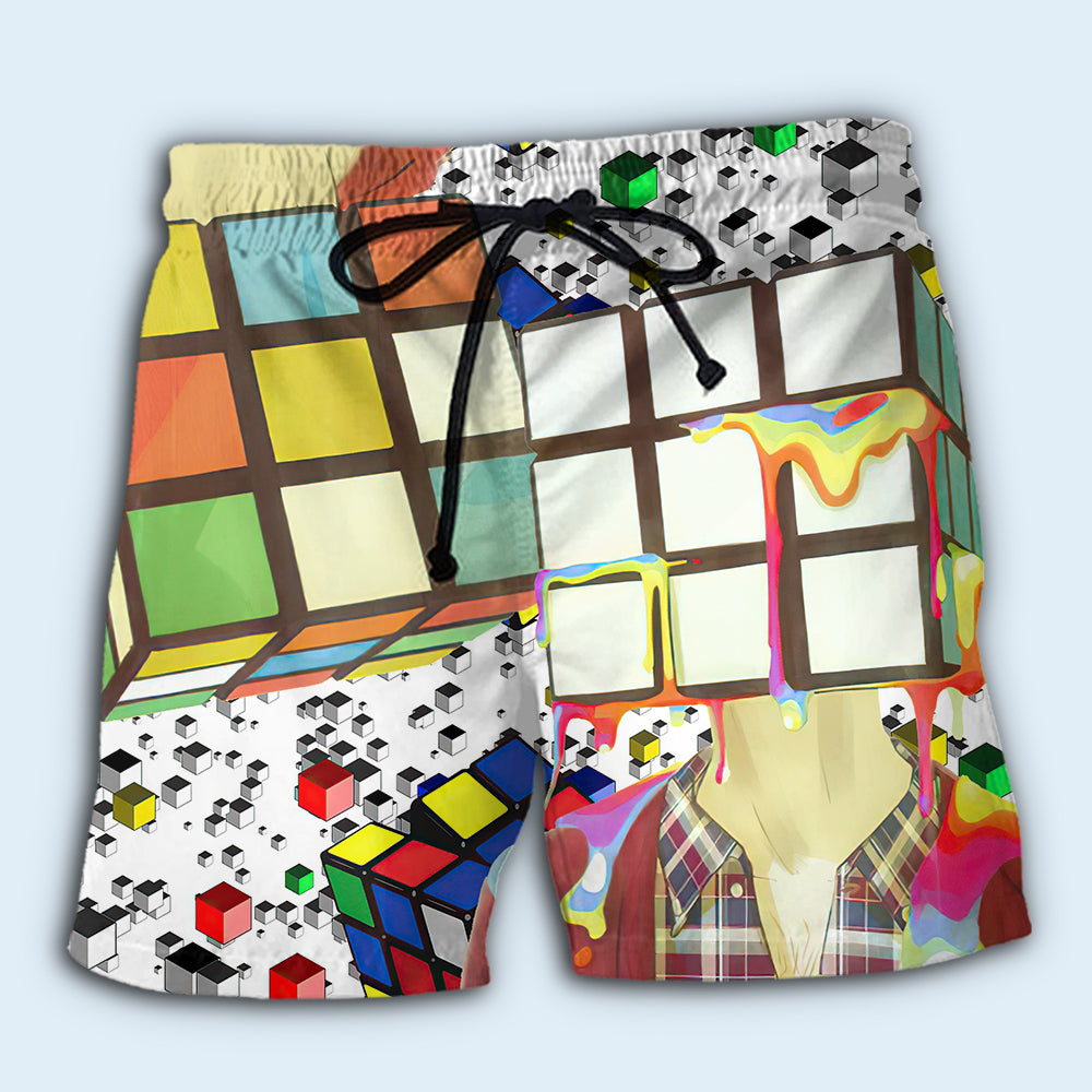 Rubik Colorful Block Beach Shorts Artwork Detail For Casual Warm Weather Outfits