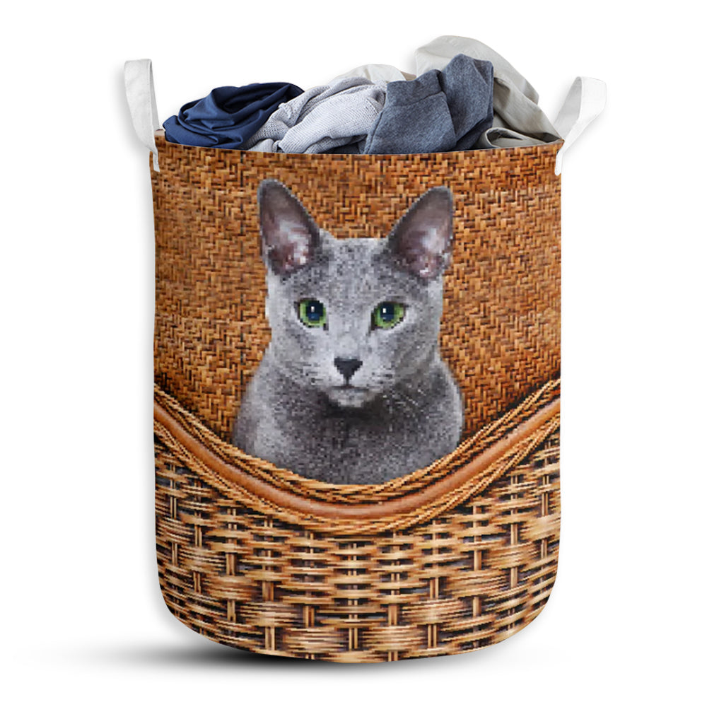 Russian Blue Cat Rattan Texture Laundry Basket For Bathroom Bedroom Storage