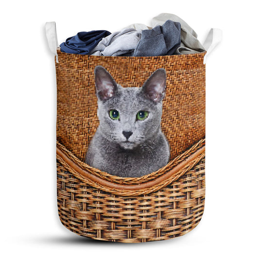 Russian Blue Cat Rattan Texture Laundry Basket For Bathroom Bedroom Storage