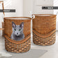 Russian Blue Cat Rattan Texture Laundry Basket For Room Home Organizer