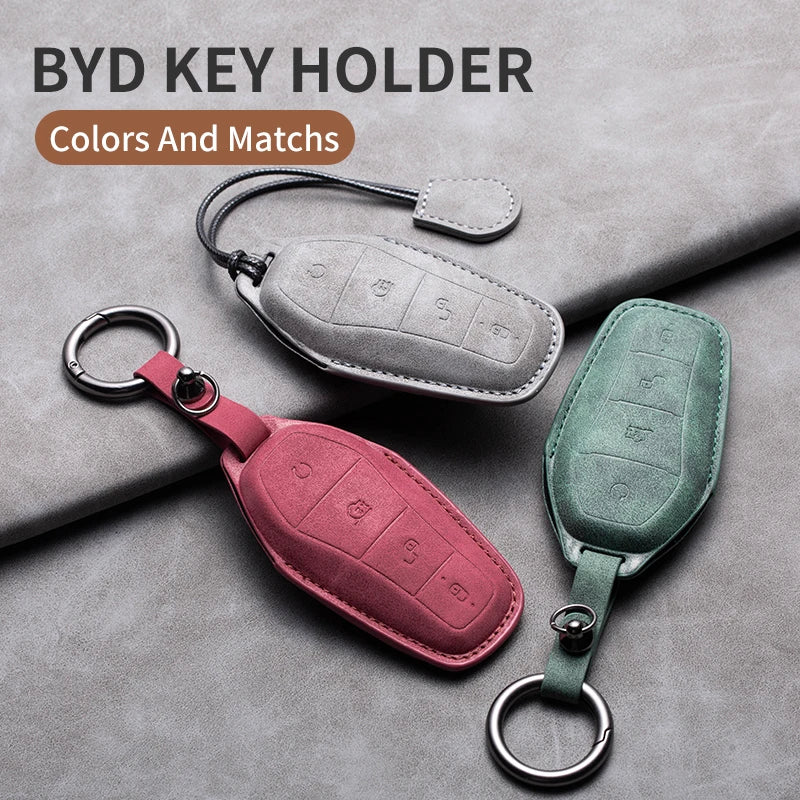 Leather Remote Key Fob Cover Compatible with BYD Atto 3, Han EV, Dolphin – 4 Buttons