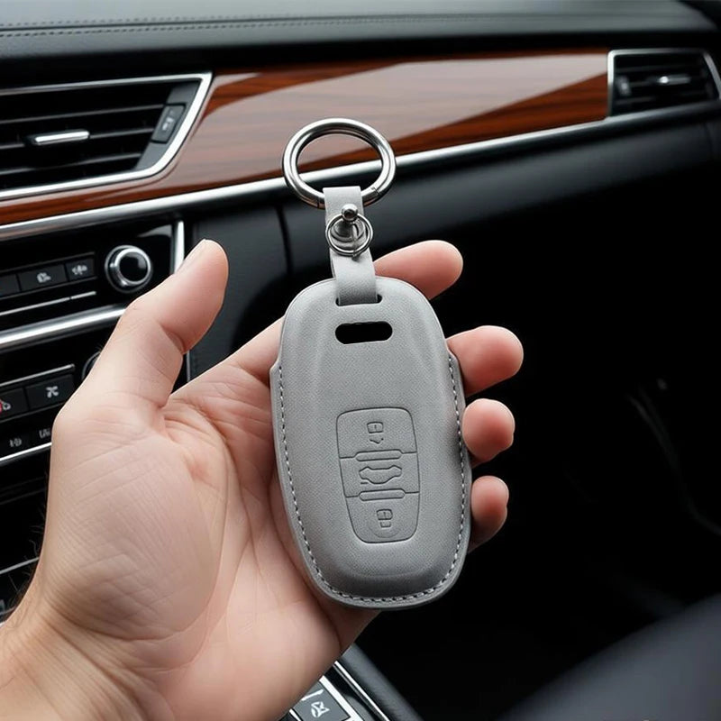 Leather Car Key Fob Cover Compatible with Audi A1, A3, 8P, A4, B8, B9, A5, A6, C7, A7, A8, Q3, Q5, Q7, Q8, C8, D5, 4M, RS3, S4, S5, S7, TT, e-tron