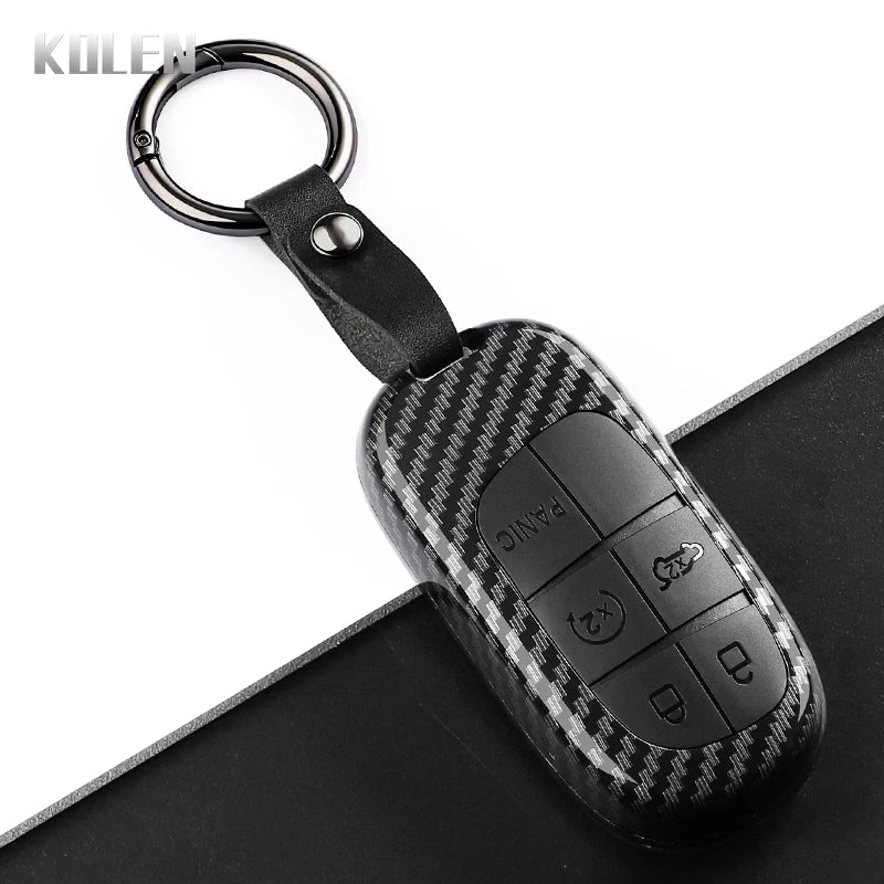 Car Key Cover Compatible with Jeep Renegade Grand Cherokee; Dodge Journey Charger; Chrysler 200 300 – Carbon Fiber Style
