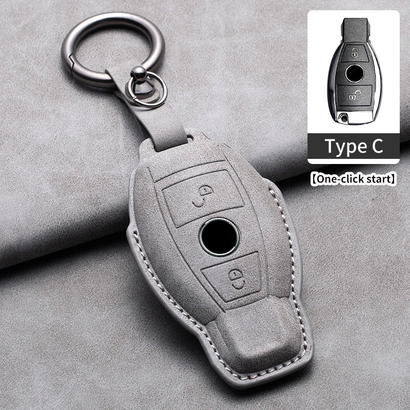Leather Car Key Cover Compatible with Mercedes-Benz A-Class, C-Class, E-Class, S-Class, G-Class, GLC, CLE, CLA, W177, W205, W213, W222, X167, AMG