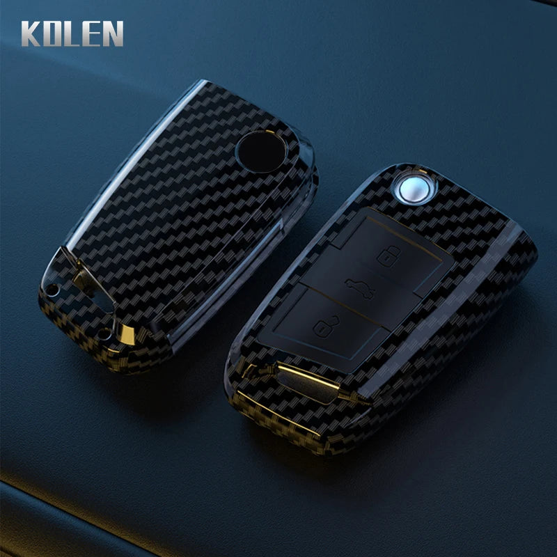 Car Key Cover Compatible with Volkswagen (VW) Golf 7 MK7 Tiguan MK2; SEAT Ateca Leon FR 2 Ibiza; Skoda Octavia – Carbon Fiber Style