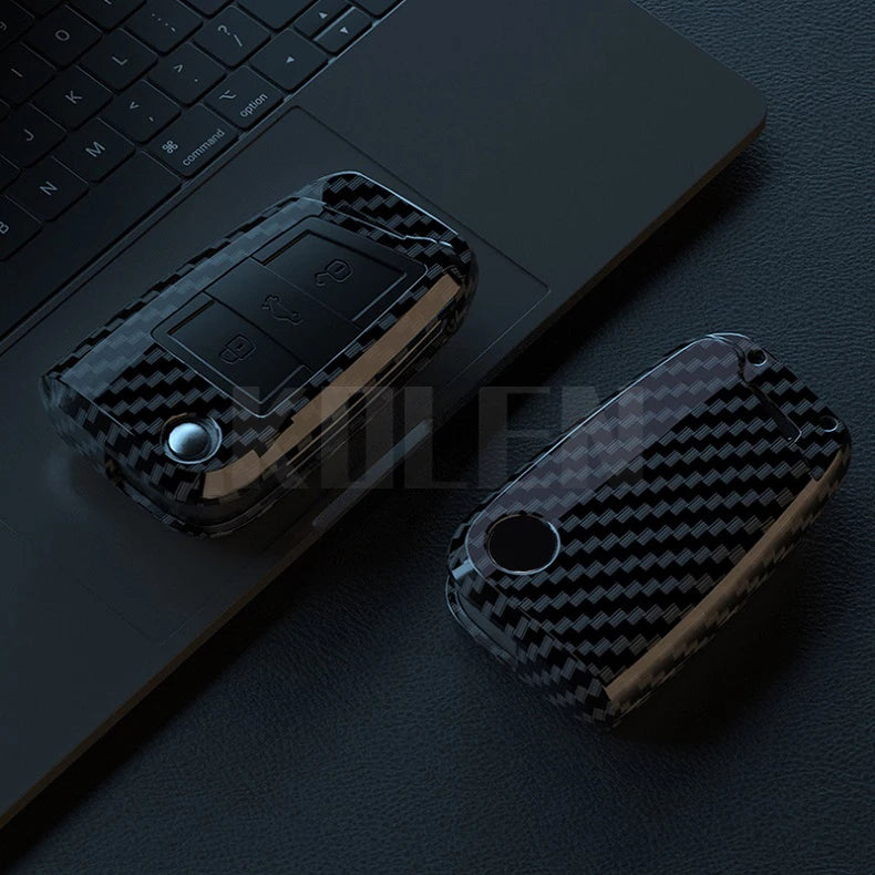 Car Key Cover Compatible with Volkswagen (VW) Golf 7 MK7 Tiguan MK2; SEAT Ateca Leon FR 2 Ibiza; Skoda Octavia – Carbon Fiber Style