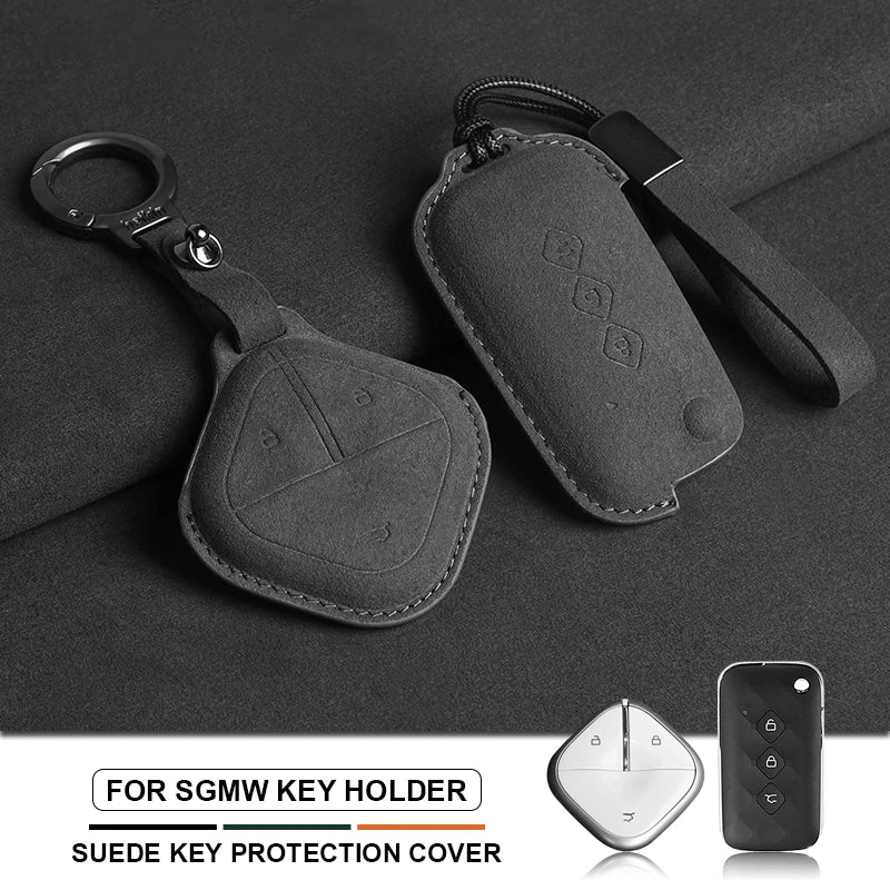 Suede Leather Car Key Fob Cover Compatible with SGMW Wuling Baojun Air, Yep, KiWi EV, E100, 630, 510, 730, 610, 530, 560, RS-5