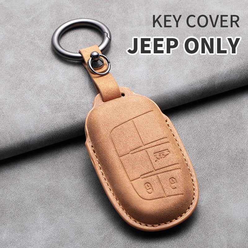 Leather Car Key Fob Cover Compatible with Jeep Commander, Grand, WK2, KL, BU, MP; Dodge; Chrysler 200, 300C