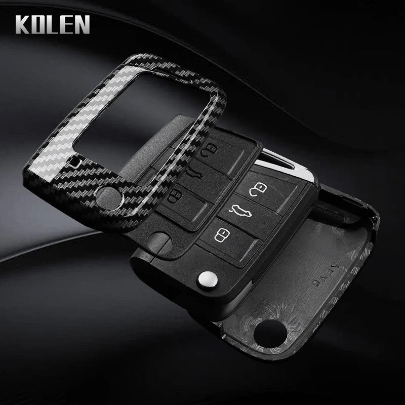 Car Key Cover Compatible with Volkswagen (VW) Golf 7 MK7 Tiguan MK2; SEAT Ateca Leon FR 2 Ibiza – Carbon Fiber Style
