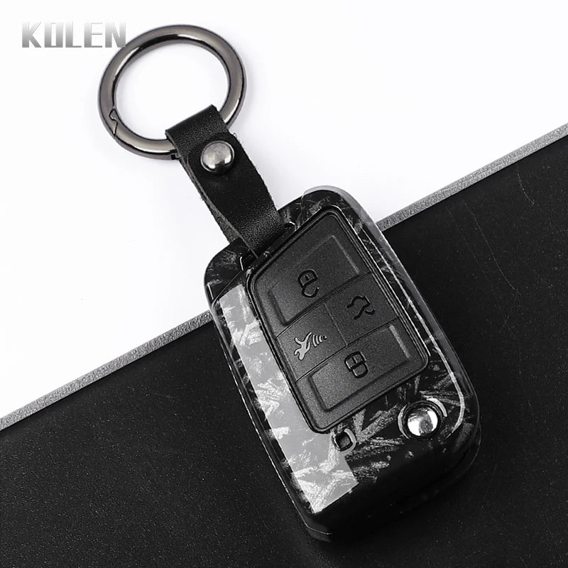 Car Key Cover Compatible with Volkswagen (VW) Golf 7 MK7 Tiguan MK2; SEAT Ateca Leon FR 2 Ibiza – Carbon Fiber Style