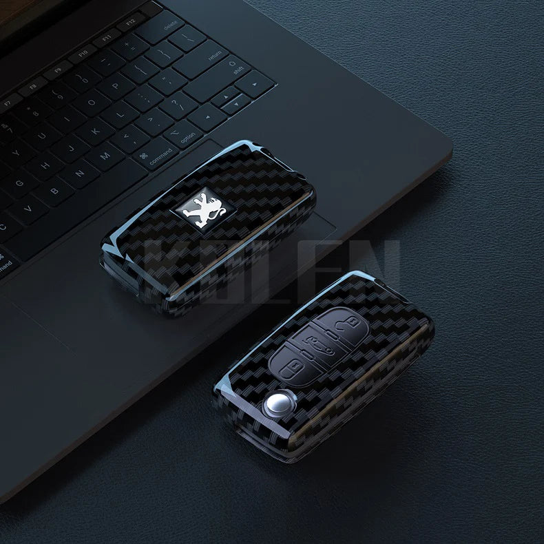 Flip Key Cover Compatible with Peugeot 107 207 307 308 407 607 3008 5008; Citroen Xsara Picasso C3 C4 C5 C6 C8 – Carbon Fiber Style