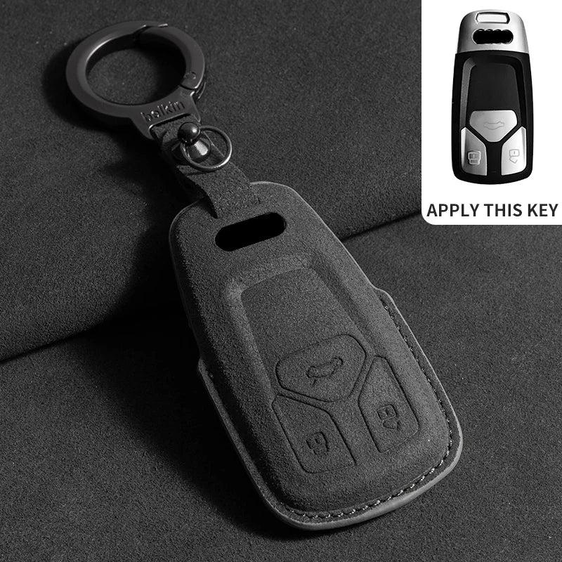 Suede Remote Key Fob Cover Compatible with Audi A6, A4, A5, A7, A8, C8, Q8, 8S, 8W, Q7, B9, 4M, S5, S4, S7, D5, TT, TTS, TFSI, e-tron – 3 Buttons