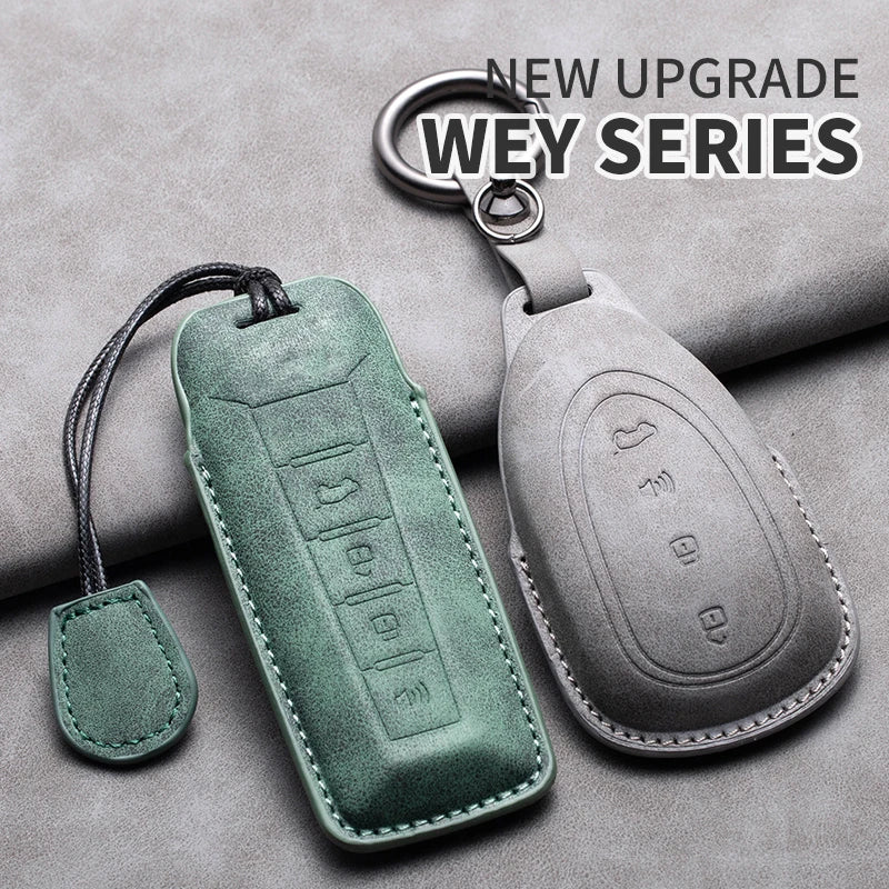 Leather Car Key Fob Cover Compatible with Great Wall GWM WEY Coffee01, Coffee02, WEY-X, WEY-S, WEY-GT, VV7 GT