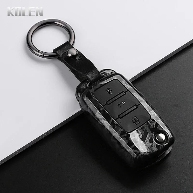Car Key Cover Compatible with Volkswagen (VW) Polo Golf Passat Tiguan Beetle Caddy T5 Up Eos; Skoda Octavia; SEAT Leon Altea – Carbon Fiber Style