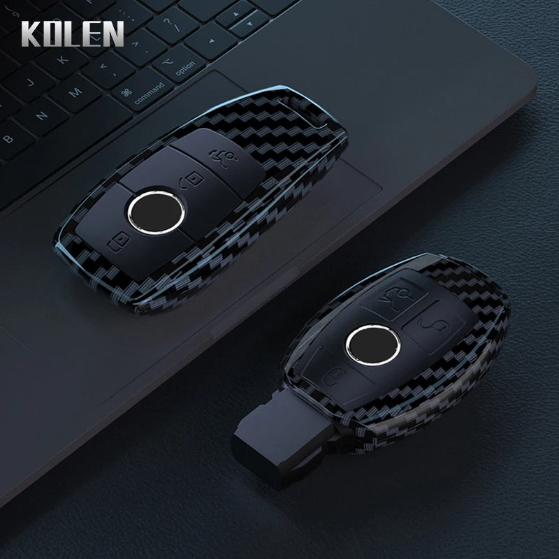Car Key Cover Compatible with Mercedes-Benz A B C E S Class W204 W205 W212 W213 W176 GLC CLA AMG W177 X167 W463 – Carbon Fiber Style