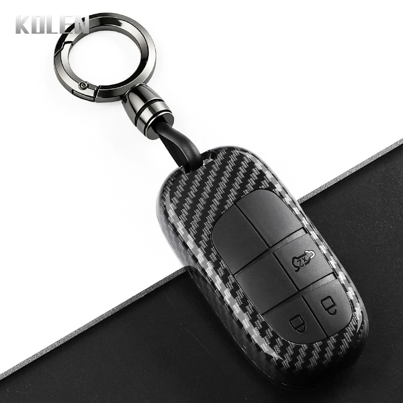 Car Key Cover Compatible with Jeep Renegade Grand Cherokee; Dodge Journey Charger; Chrysler 200 300 – Carbon Fiber Style