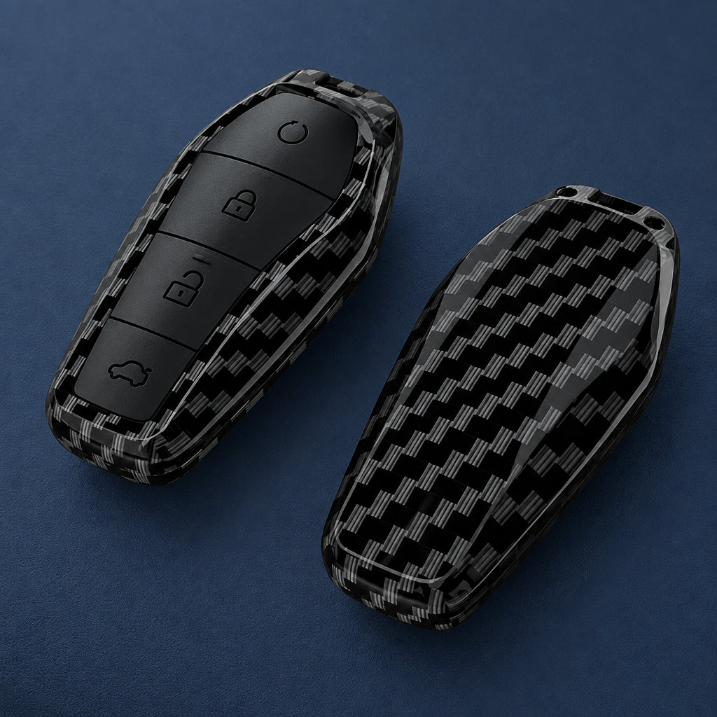 Car Key Cover Compatible with BYD Qin Plusdmi Atto 3 Han EV Dolphin – 4 Buttons – Carbon Fiber Style