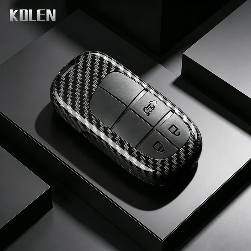 Car Key Cover Compatible with Jeep Renegade Grand Cherokee; Dodge Journey Charger; Chrysler 200 300 – Carbon Fiber Style