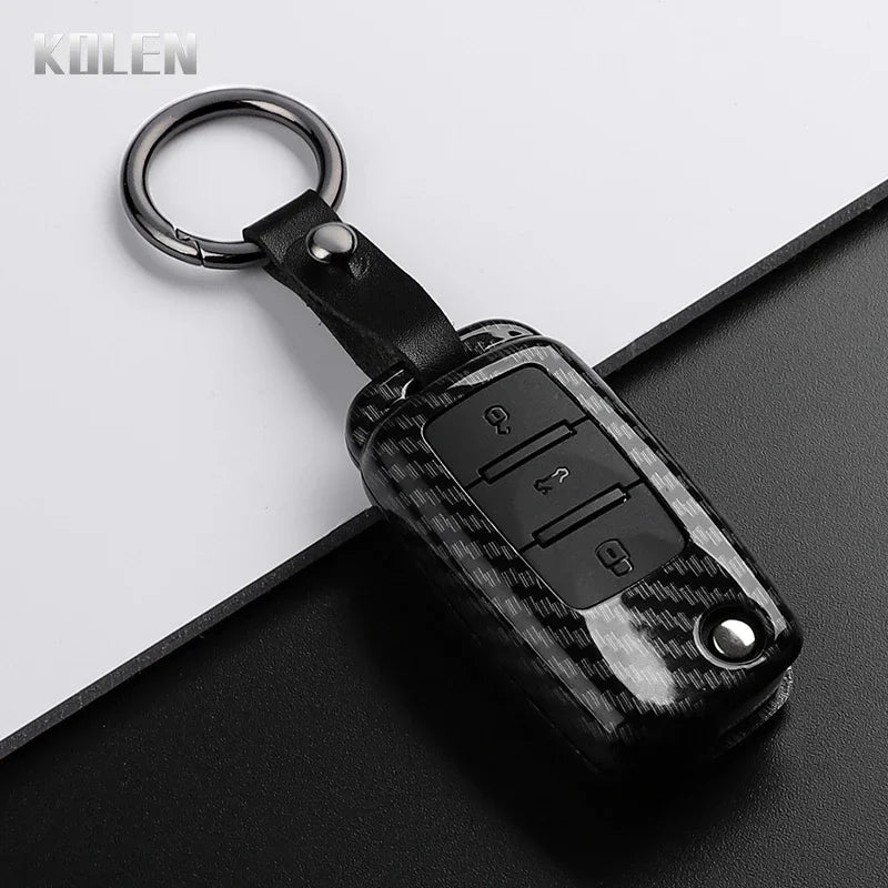 Car Key Cover Compatible with Volkswagen (VW) Polo Golf Passat Tiguan Beetle Caddy T5 Up Eos; Skoda Octavia; SEAT Leon Altea – Carbon Fiber Style