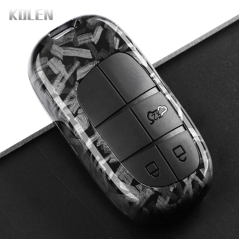 Car Key Cover Compatible with Jeep Renegade Grand Cherokee; Dodge Journey Charger; Chrysler 200 300 – Carbon Fiber Style