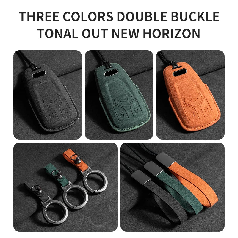 Suede Remote Key Fob Cover Compatible with Audi A6, A4, A5, A7, A8, C8, Q8, 8S, 8W, Q7, B9, 4M, S5, S4, S7, D5, TT, TTS, TFSI, e-tron – 3 Buttons