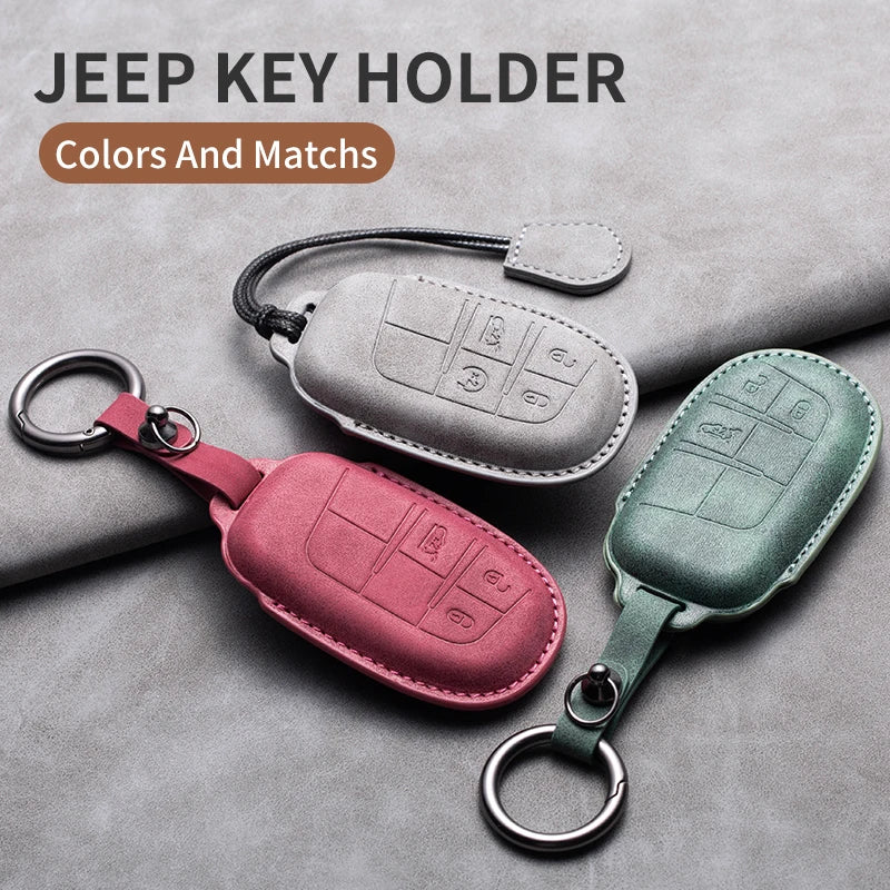 Leather Car Key Fob Cover Compatible with Jeep Commander, Grand, WK2, KL, BU, MP; Dodge; Chrysler 200, 300C