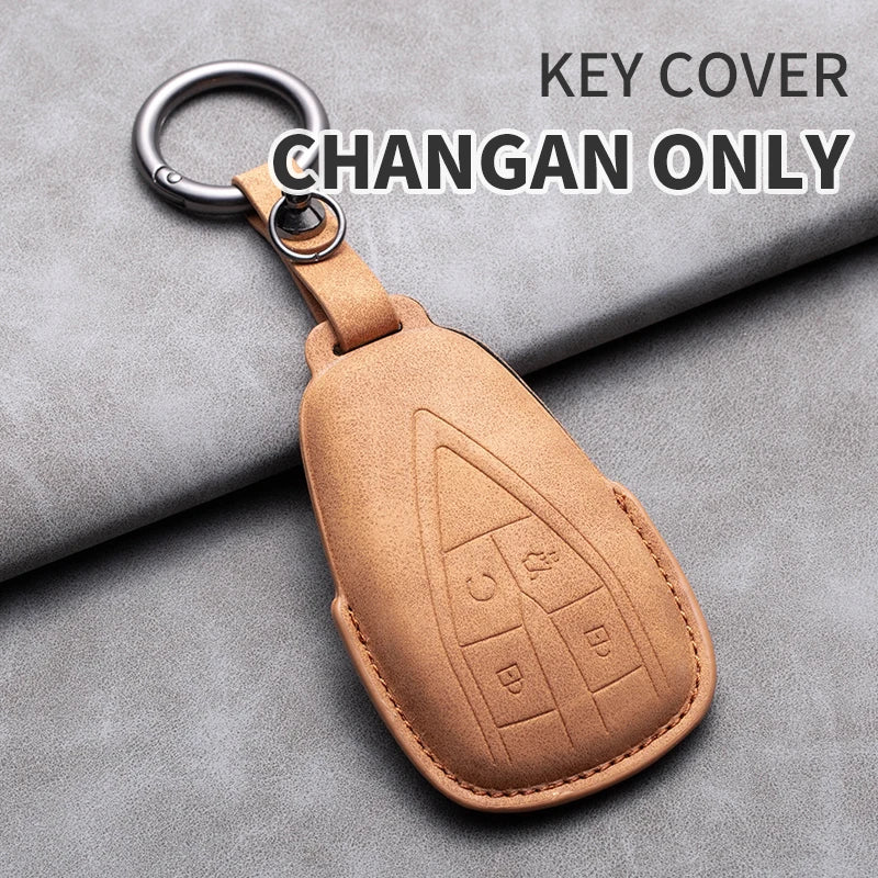 Leather Remote Key Fob Cover Compatible with Changan CS35 Plus, CS55 Plus, CS75 Plus, Eado, UNI-T, UNI K, Oushang X5, X7, EV