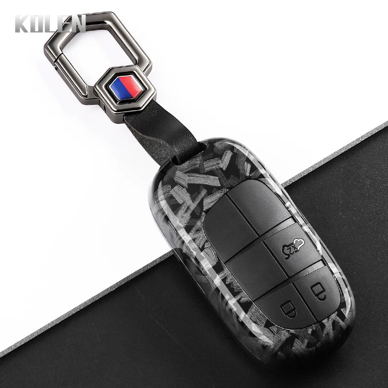 Car Key Cover Compatible with Jeep Renegade Grand Cherokee; Dodge Journey Charger; Chrysler 200 300 – Carbon Fiber Style