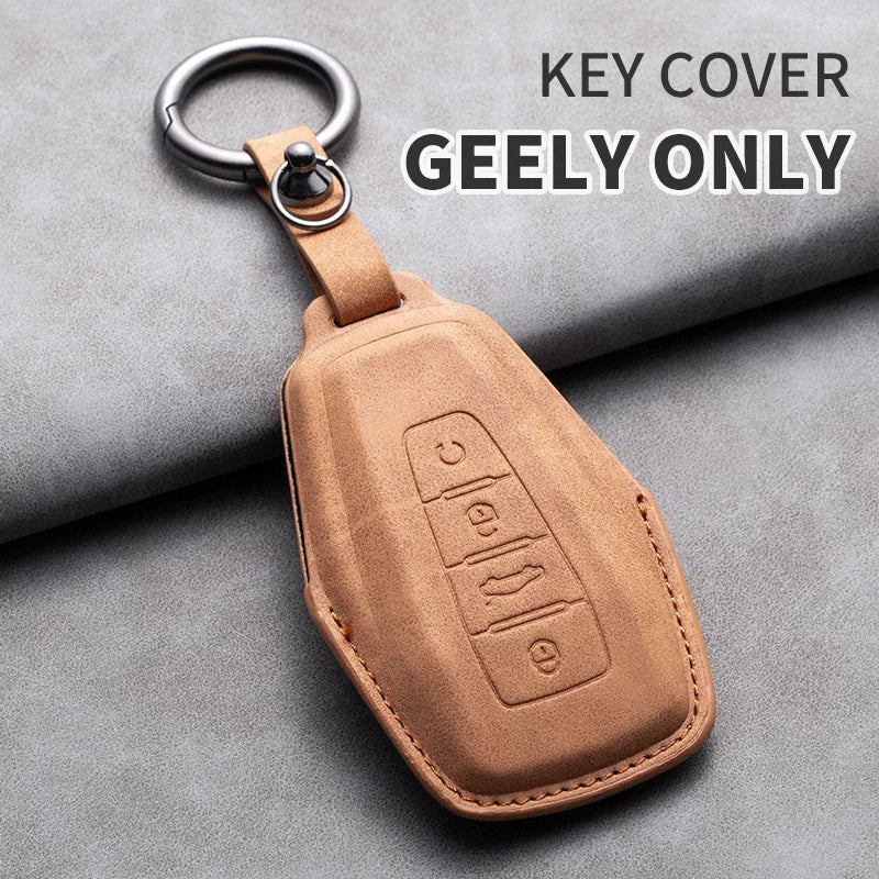 Leather Car Key Cover Compatible with Geely Coolray, X6, Emgrand, Global Hawk, GX7, Atlas, Boyue, NL3, X7, EX7, Kulrey, GT, GC9