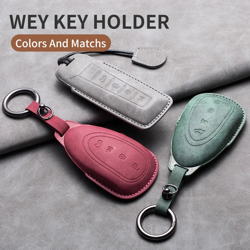Leather Car Key Fob Cover Compatible with Great Wall GWM WEY Coffee01, Coffee02, WEY-X, WEY-S, WEY-GT, VV7 GT