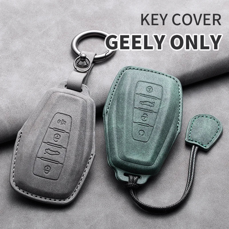 Leather Car Key Cover Compatible with Geely Coolray, X6, Emgrand, Global Hawk, GX7, Atlas, Boyue, NL3, X7, EX7, Kulrey, GT, GC9