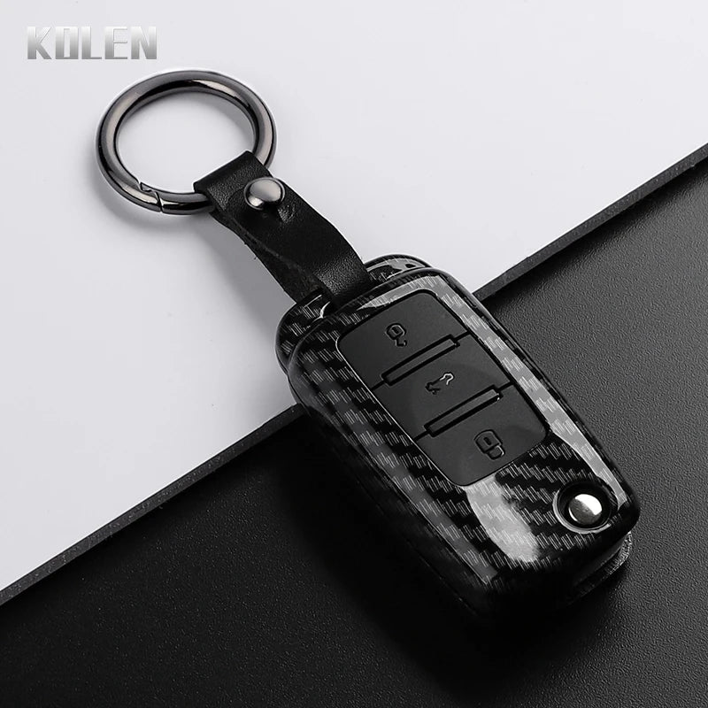 Car Key Cover Compatible with Volkswagen (VW) Polo Golf Passat Tiguan Beetle Caddy T5 Up Eos; Skoda Octavia; SEAT Leon Altea – Carbon Fiber Style