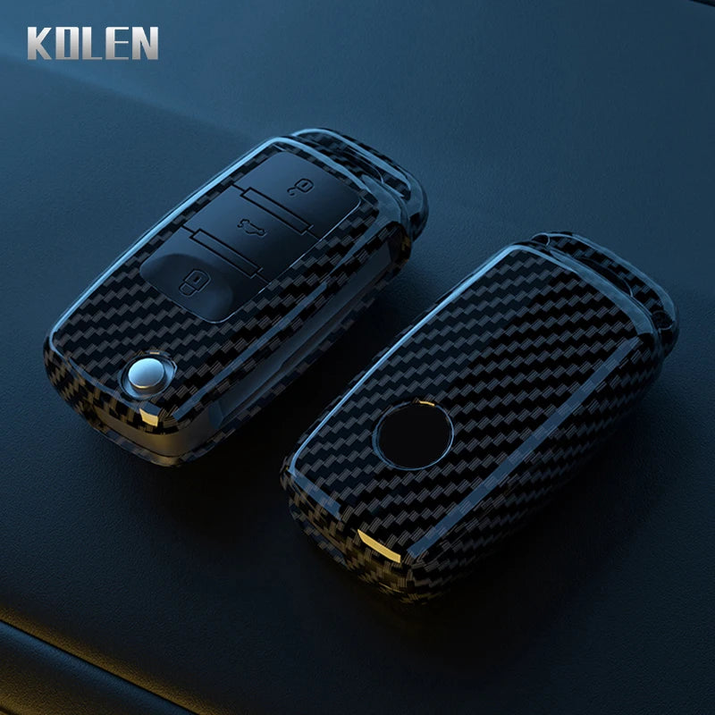 Car Key Cover Compatible with Volkswagen (VW) Polo Golf Passat Beetle Tiguan; SEAT Leon Altea; Skoda Octavia Kodiaq – Carbon Fiber Style