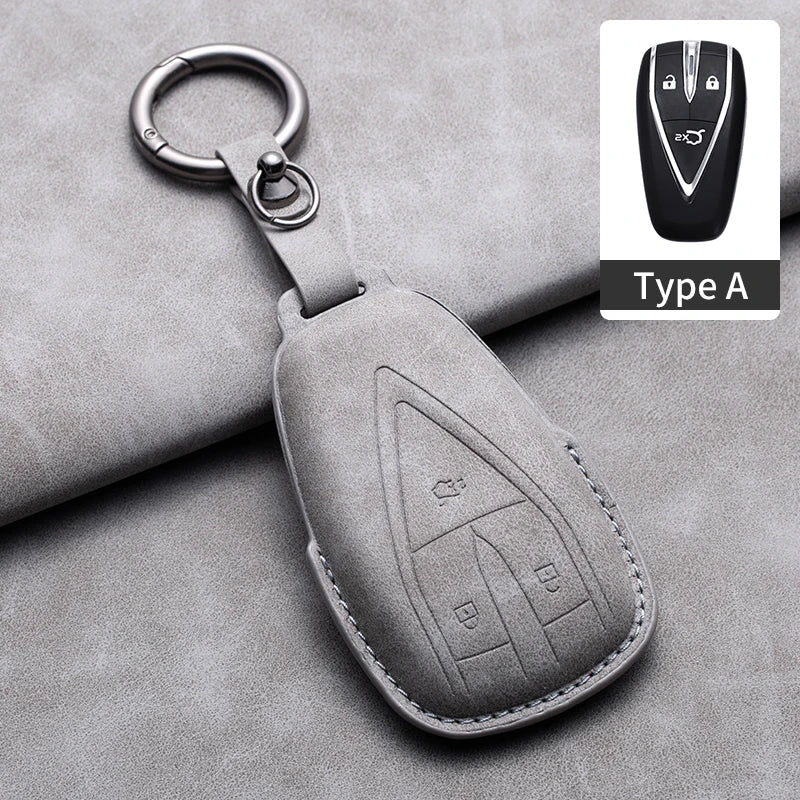Leather Remote Key Fob Cover Compatible with Changan CS35 Plus, CS55 Plus, CS75 Plus, Eado, UNI-T, UNI K, Oushang X5, X7, EV