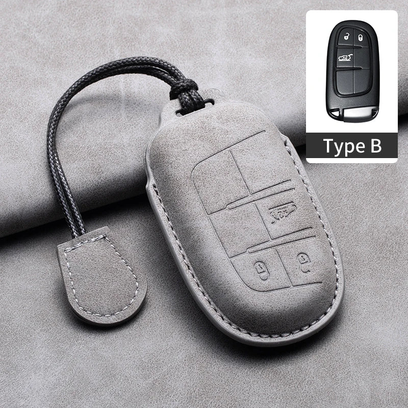 Leather Car Key Fob Cover Compatible with Jeep Renegade, Compass, Grand Cherokee, Wrangler; Chrysler 300C