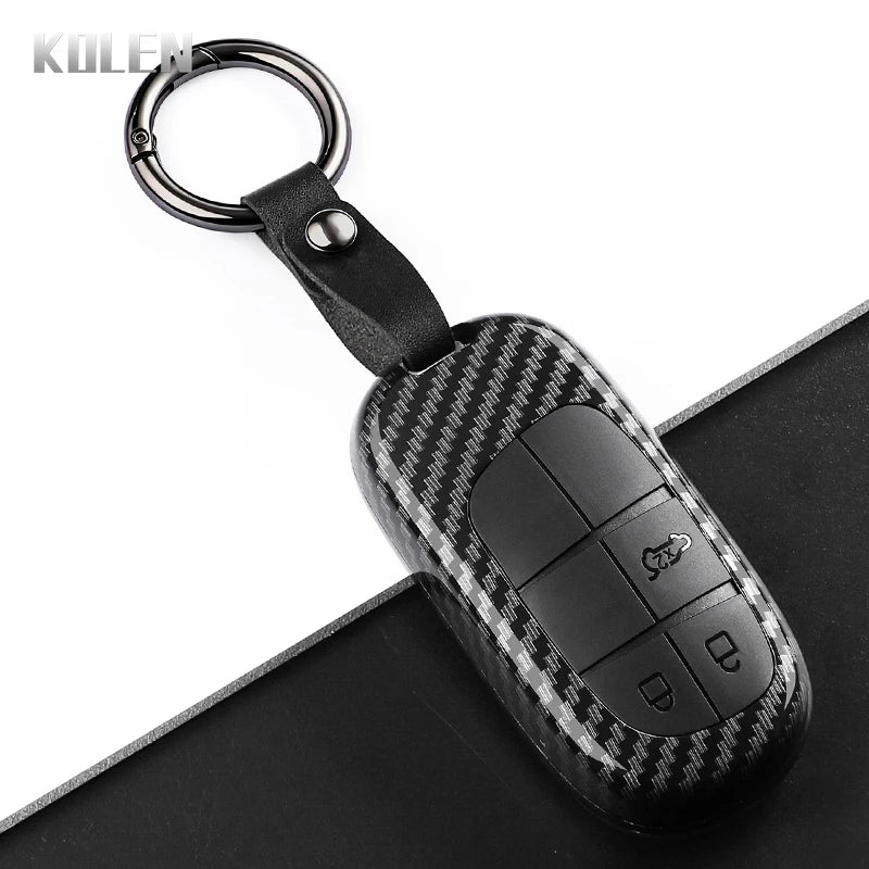 Car Key Cover Compatible with Jeep Renegade Grand Cherokee; Dodge Journey Charger; Chrysler 200 300 – Carbon Fiber Style
