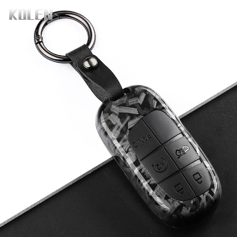 Car Key Cover Compatible with Jeep Renegade Grand Cherokee; Dodge Journey Charger; Chrysler 200 300 – Carbon Fiber Style