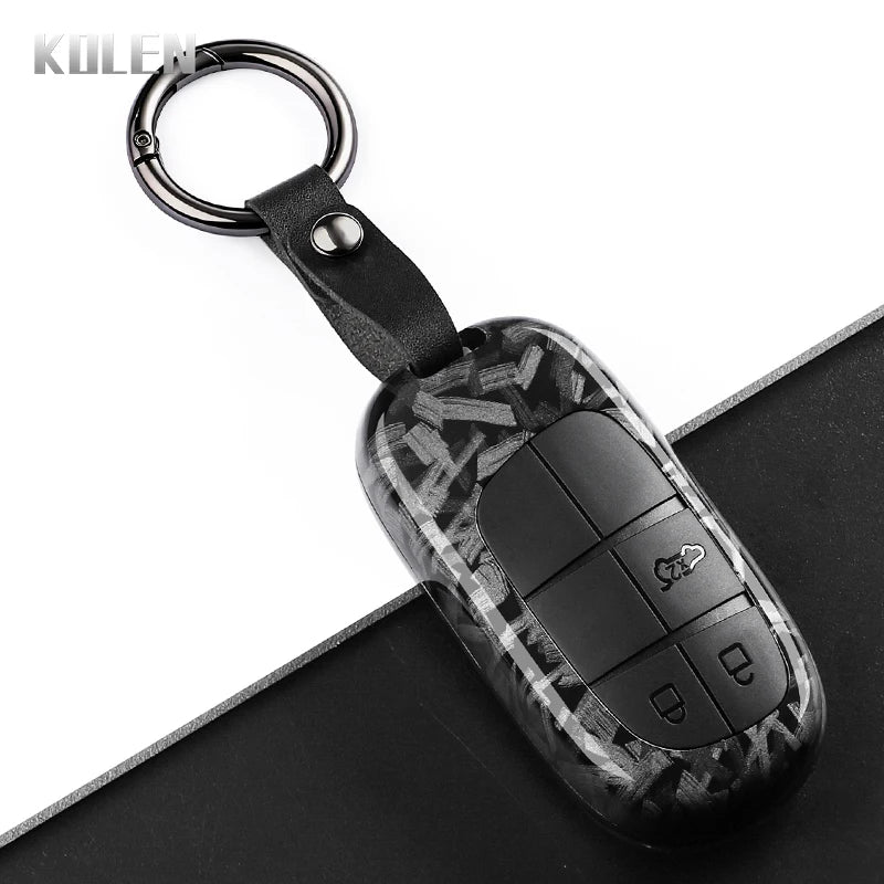 Car Key Cover Compatible with Jeep Renegade Grand Cherokee; Dodge Journey Charger; Chrysler 200 300 – Carbon Fiber Style