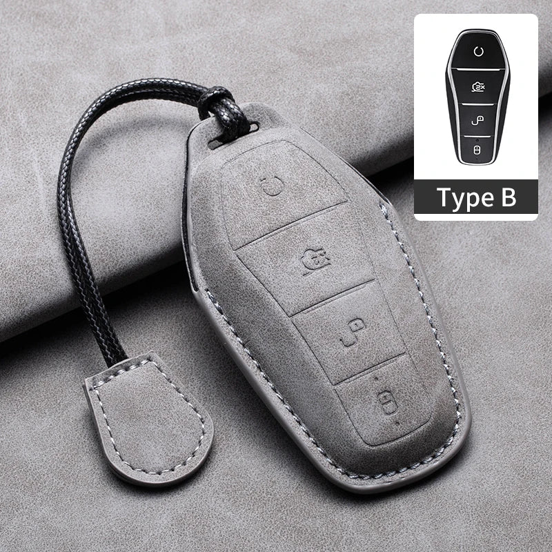 Leather Remote Key Fob Cover Compatible with BYD Atto 3, Han EV, Dolphin – 4 Buttons